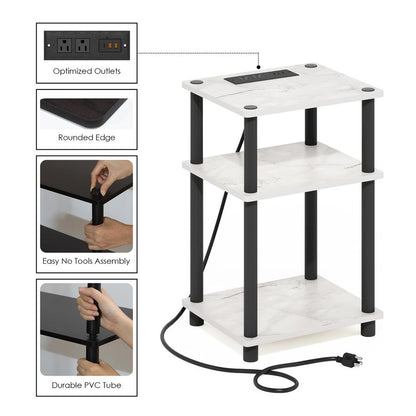 Just 3-Tier Turn-N-Tube USB and Type-C Charging Port End Table, White/Black