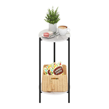 Besi 2-Tier Modern Tall Round Side End Table, Marble White