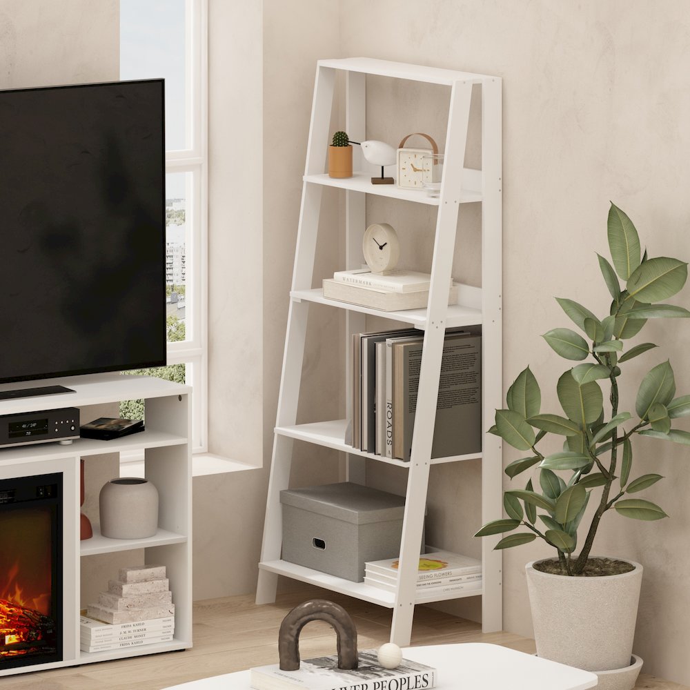 5-Tier Ladder Shelf, Bookshelf, Display Storage Shelves, Plain White