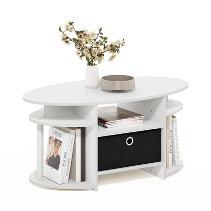 JAYA Simple Design Oval Coffee Table with Bin, White/White/Black