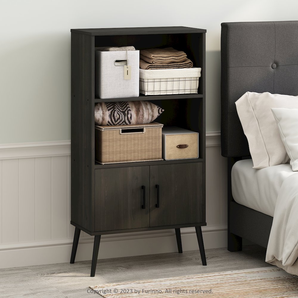 Mid-Century Open Display Shelves & Storage Cabinet with Wooden Legs, Espresso