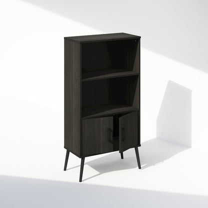 Mid-Century Open Display Shelves & Storage Cabinet with Wooden Legs, Espresso