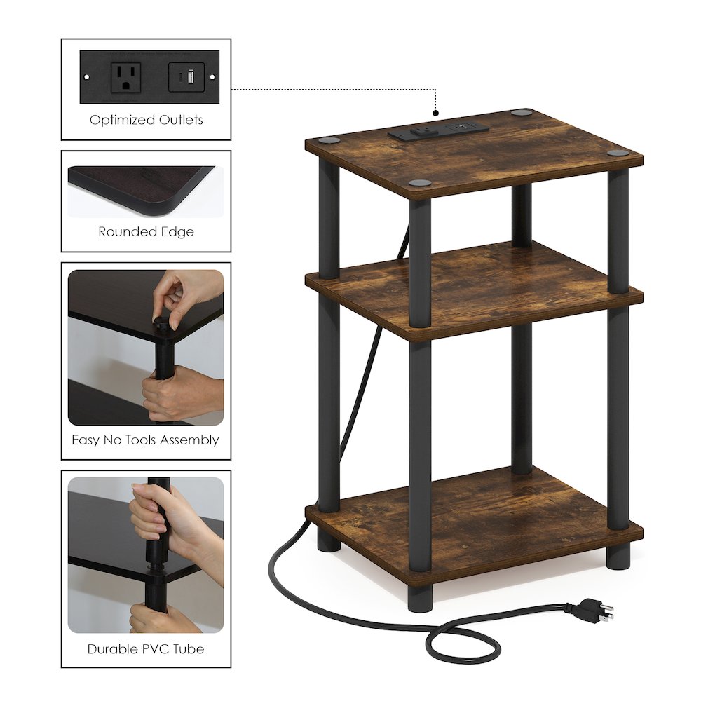 3-Tier Turn-N-Tube Open Storage Side Table, End Table with USB