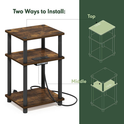 3-Tier Turn-N-Tube Open Storage Side Table, End Table with USB
