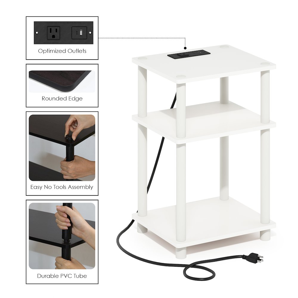 Just 3-Tier Turn-N-Tube Open Storage Side Table, End Table with USB