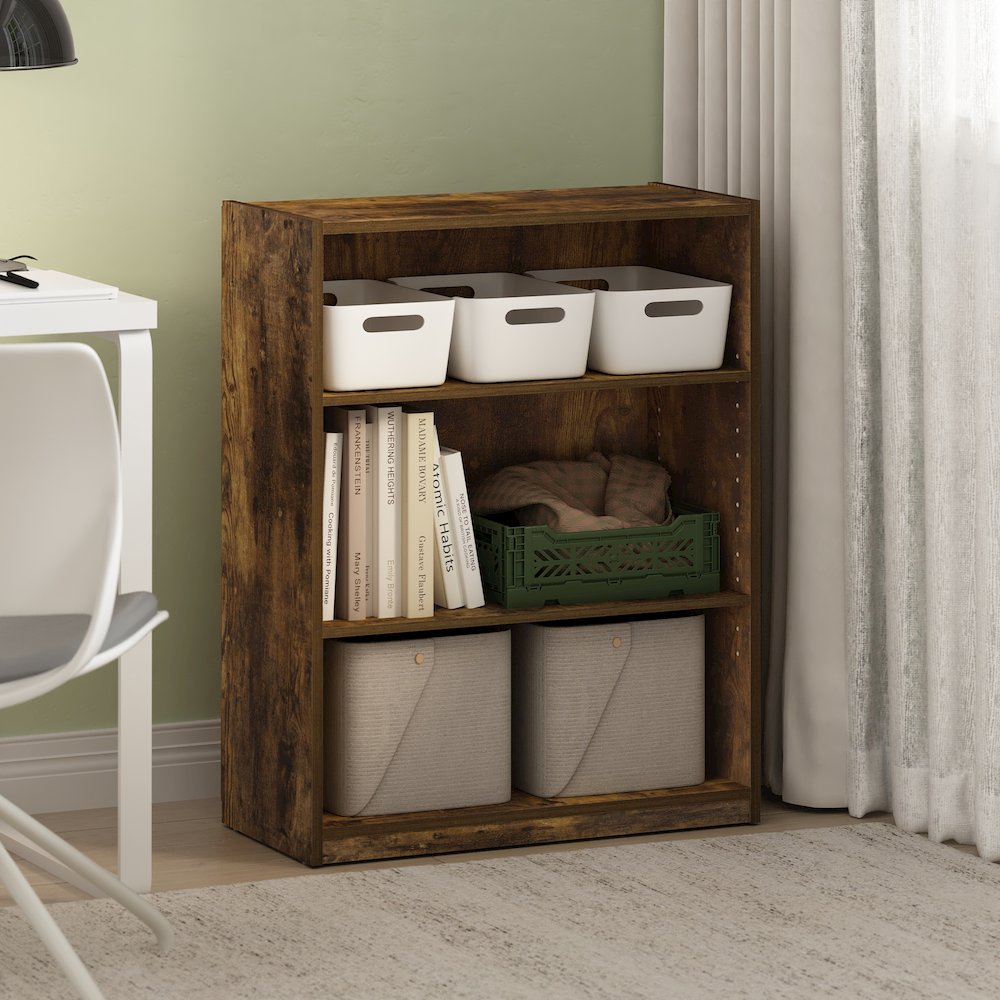 Gehry 3-Tier Bookcase, Bookshelf with Adjustable Shelves, Amber Pine