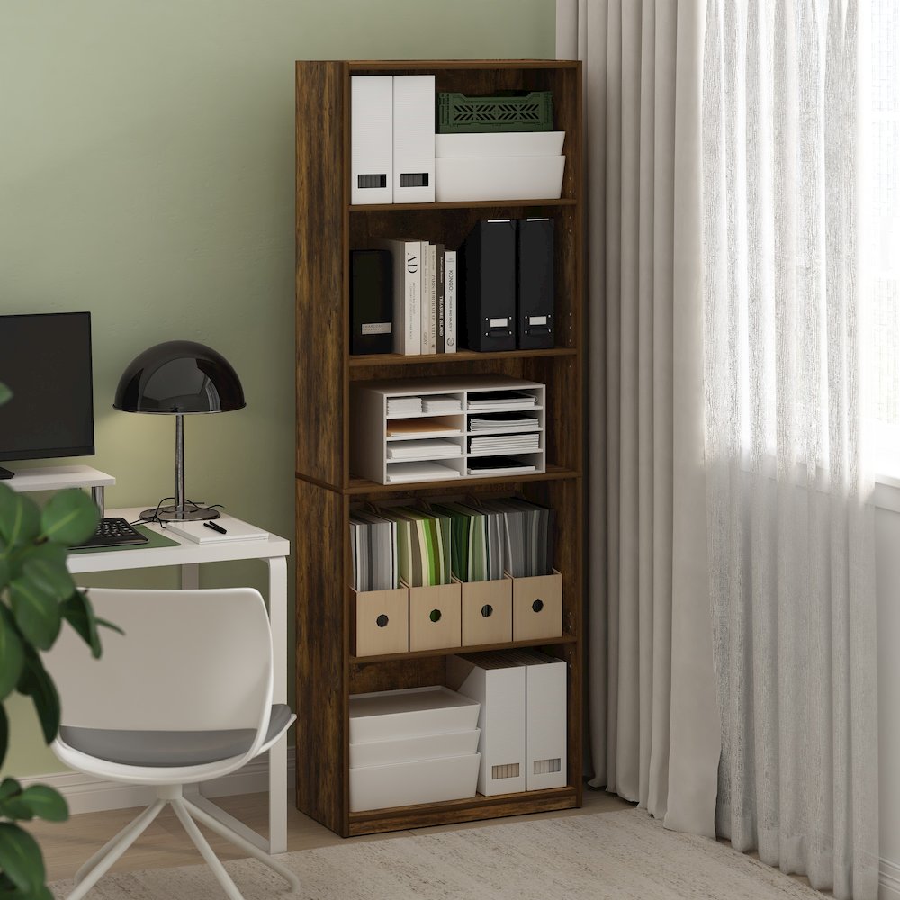 Gehry 5-Tier Bookcase, Bookshelf with Adjustable Shelves, Amber Pine