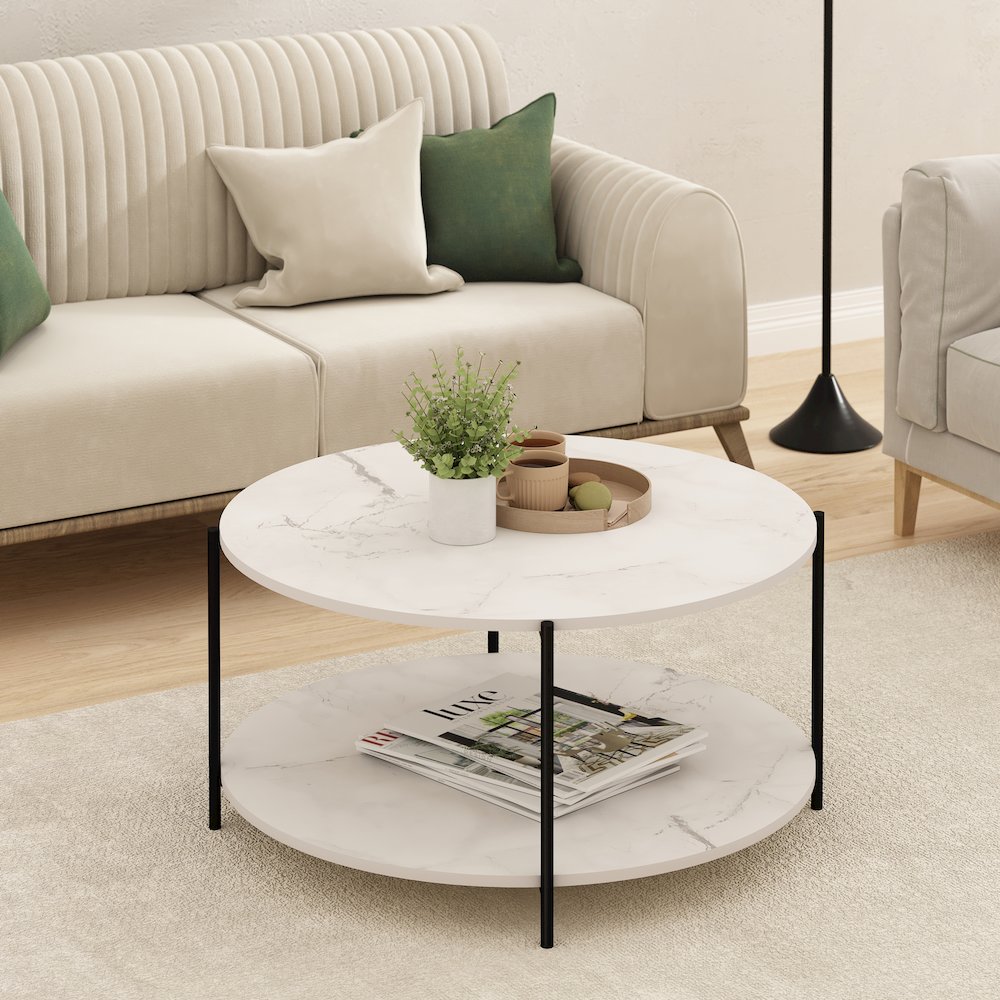 2-Tier Round Coffee Table Table with Sturdy Metal Legs, Marble White/Black
