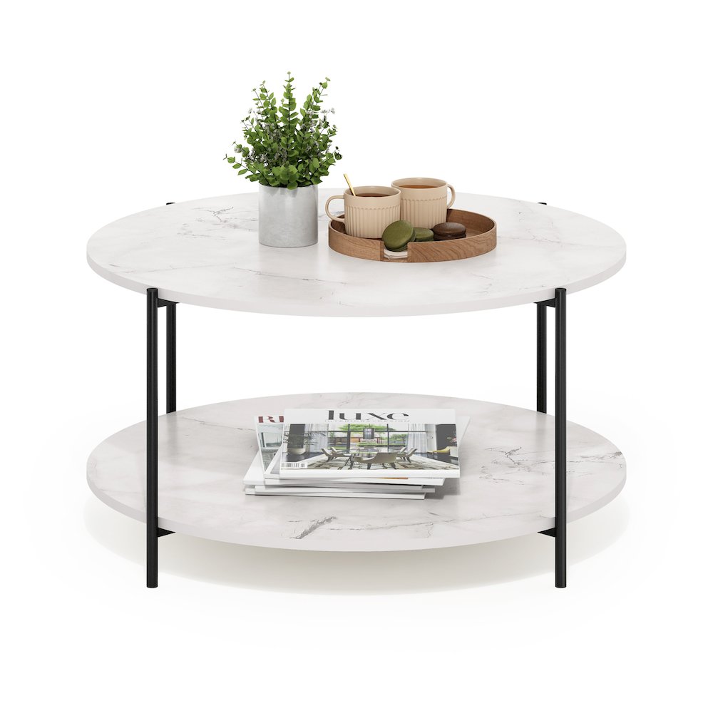 2-Tier Round Coffee Table Table with Sturdy Metal Legs, Marble White/Black