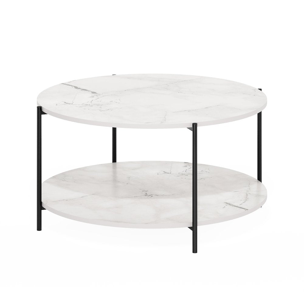 2-Tier Round Coffee Table with Storage, Shelf and Metal Legs,Light Marble