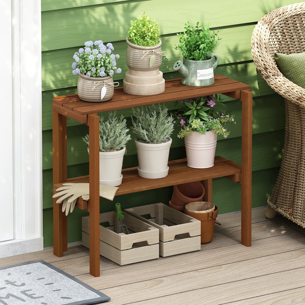 Tioman Outdoor Toolless Multipurpose Display Shelf, Plant Stand, 2-Tier, Natural