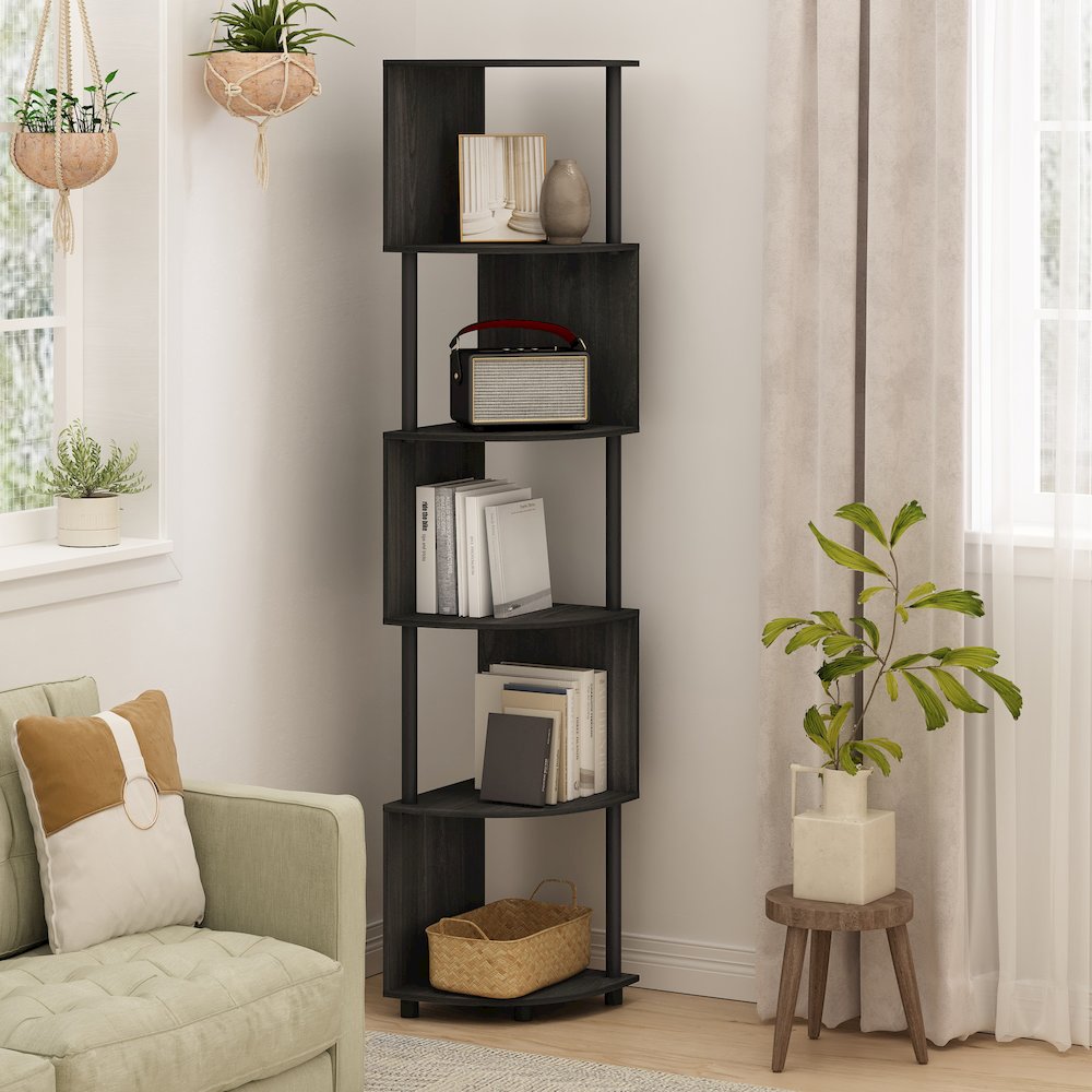 Econ 5-Tier Zigzag Corner Shelf Bookcase, Bookshelf, Espresso/Black