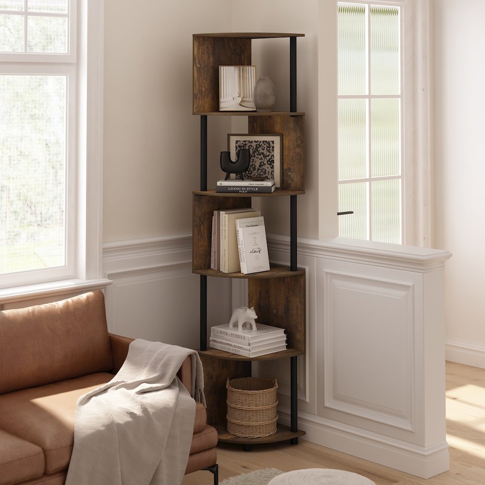 Econ 5-Tier Zigzag Corner Shelf Bookcase, Bookshelf, Amber Pine/Black