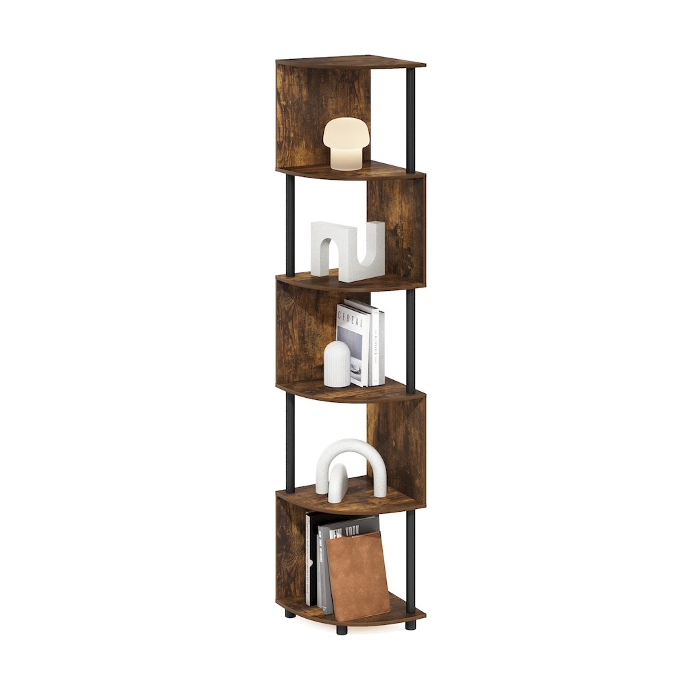 Econ 5-Tier Zigzag Corner Shelf Bookcase, Bookshelf, Amber Pine/Black