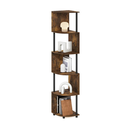 Econ 5-Tier Zigzag Corner Shelf Bookcase, Bookshelf, Amber Pine/Black