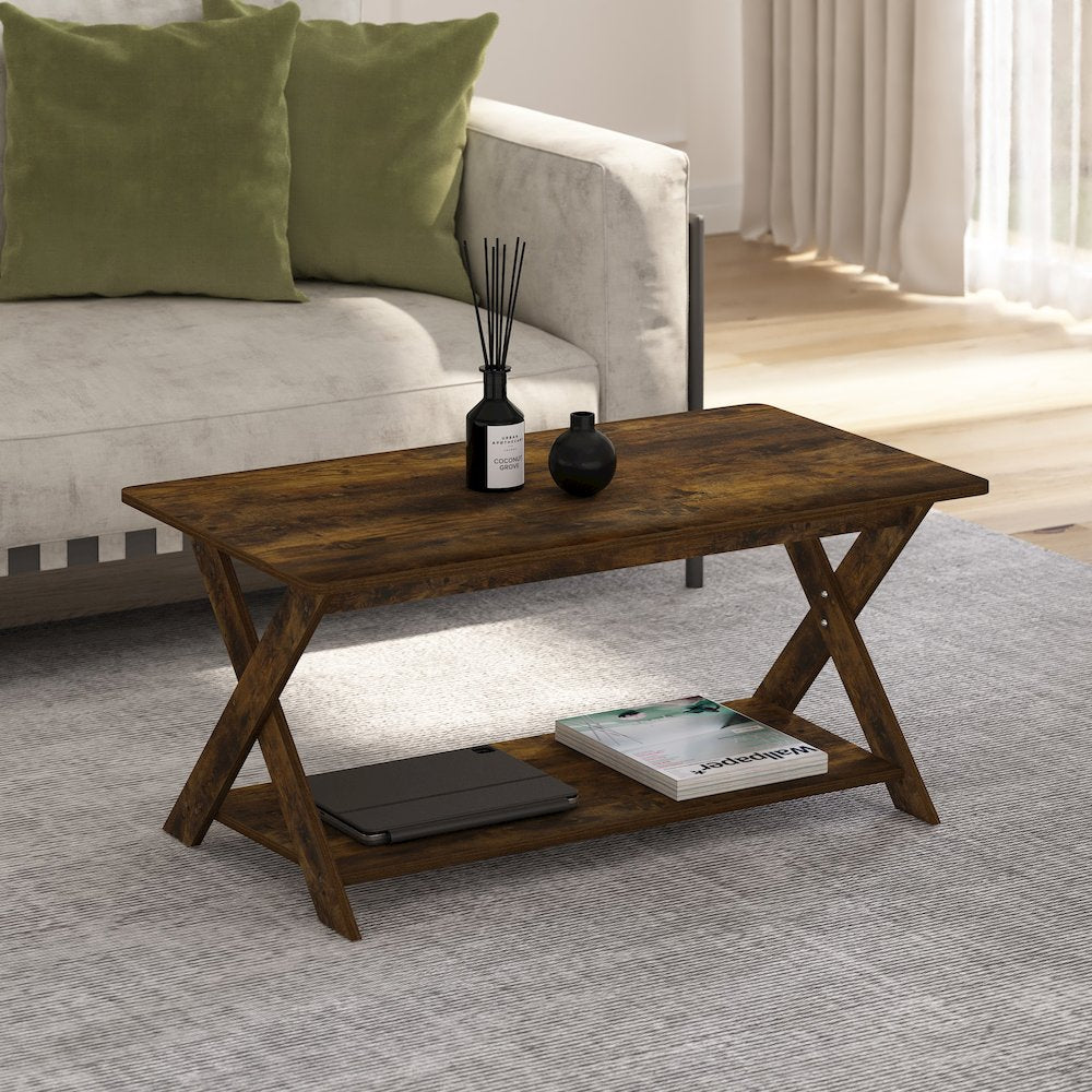 Modern Simplistic Criss-Crossed Coffee Table, Amber Pine