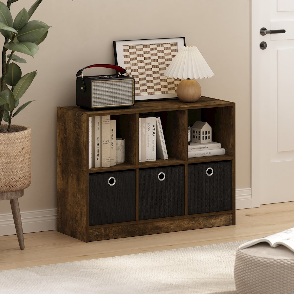 Basic 3x2 Bookcase Storage w/Bins, Amber Pine/Black