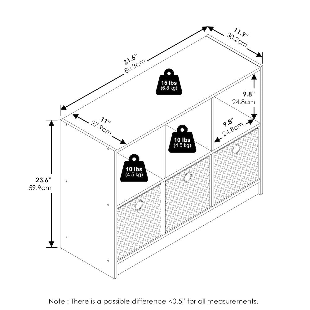 Basic 3x2 Bookcase Storage w/Bins, Amber Pine/Black