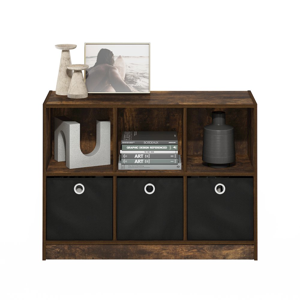 Basic 3x2 Bookcase Storage w/Bins, Amber Pine/Black