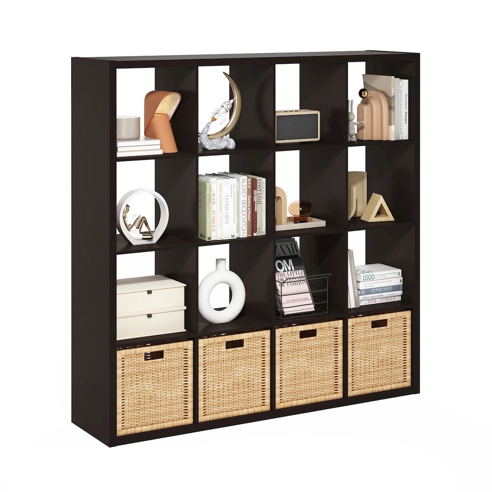 Cubicle Open Back Decorative Cube Storage Organizer, 16-Cube, Dark Oak