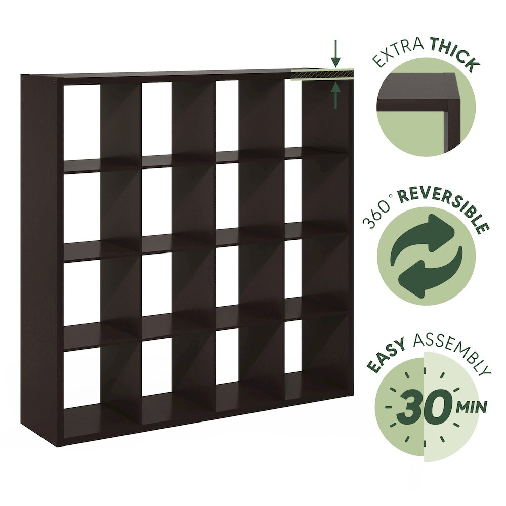 Cubicle Open Back Decorative Cube Storage Organizer, 16-Cube, Dark Oak
