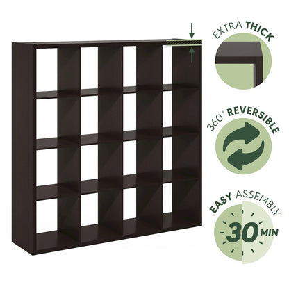 Cubicle Open Back Decorative Cube Storage Organizer, 16-Cube, Dark Oak