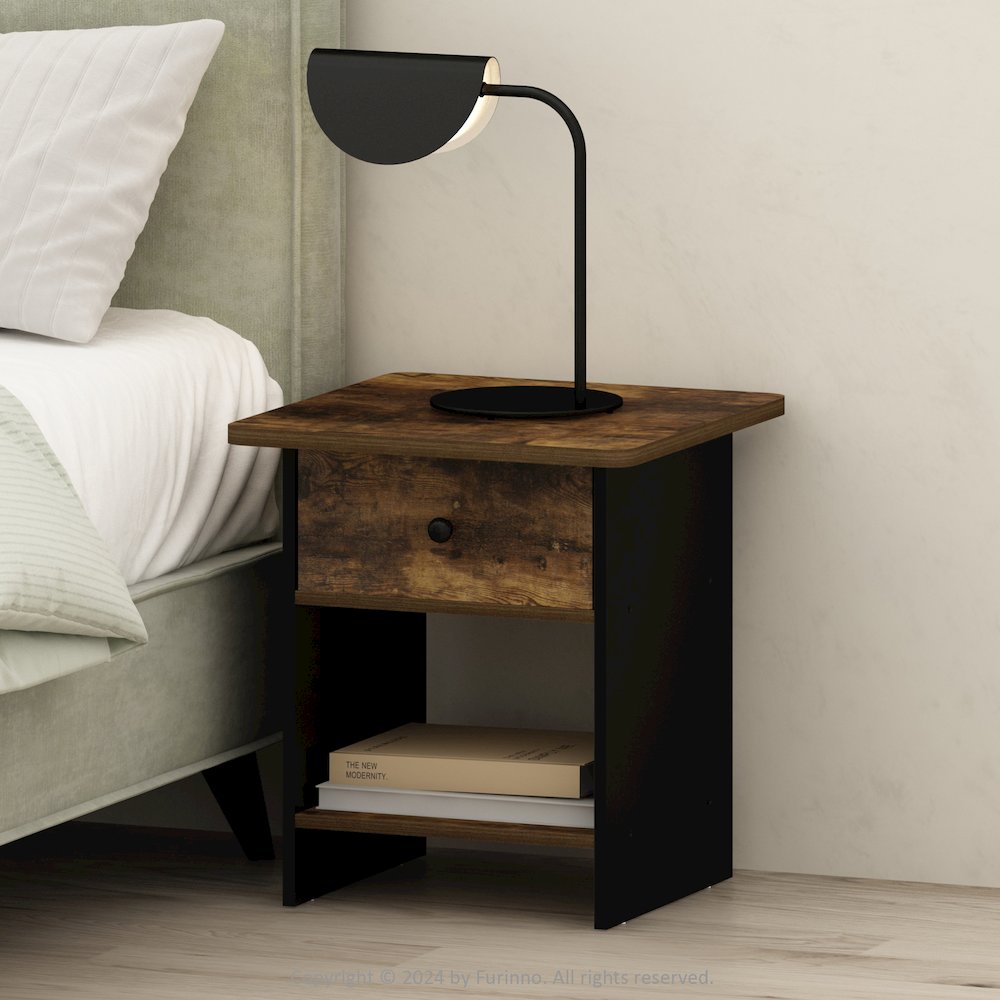 Tidur Nightstand, Bedside Table Storage Shelf with Bin Drawer, Amber Pine/Black
