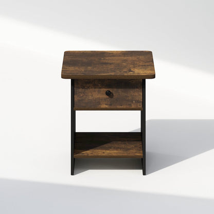 Tidur Nightstand, Bedside Table Storage Shelf with Bin Drawer, Amber Pine/Black