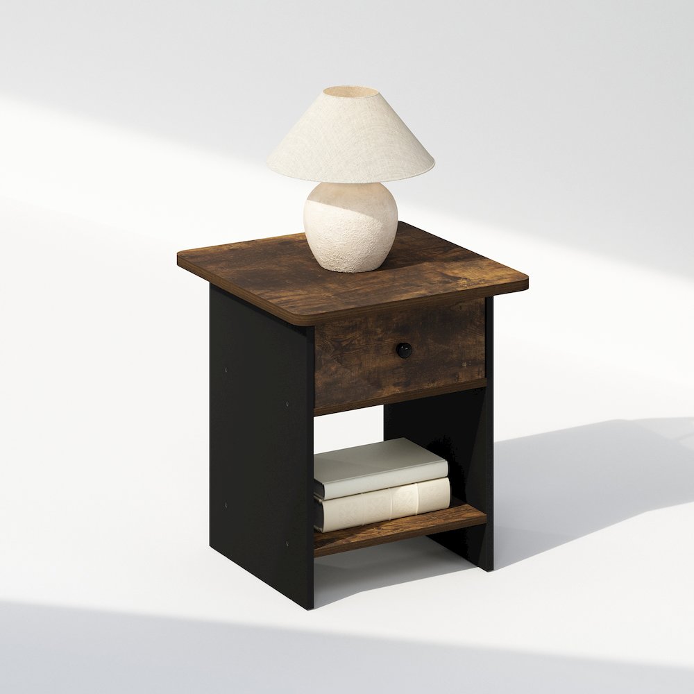 Tidur Nightstand, Bedside Table Storage Shelf with Bin Drawer, Amber Pine/Black