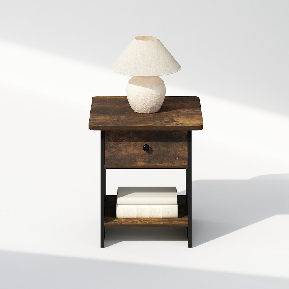 Tidur Nightstand, Bedside Table Storage Shelf with Bin Drawer, Amber Pine/Black