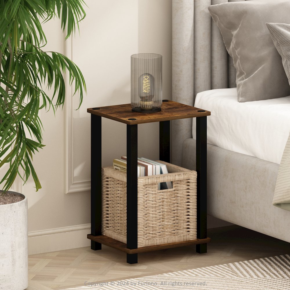 Simplistic Compact Bedside Table, Nightstand, Amber Pine/Black