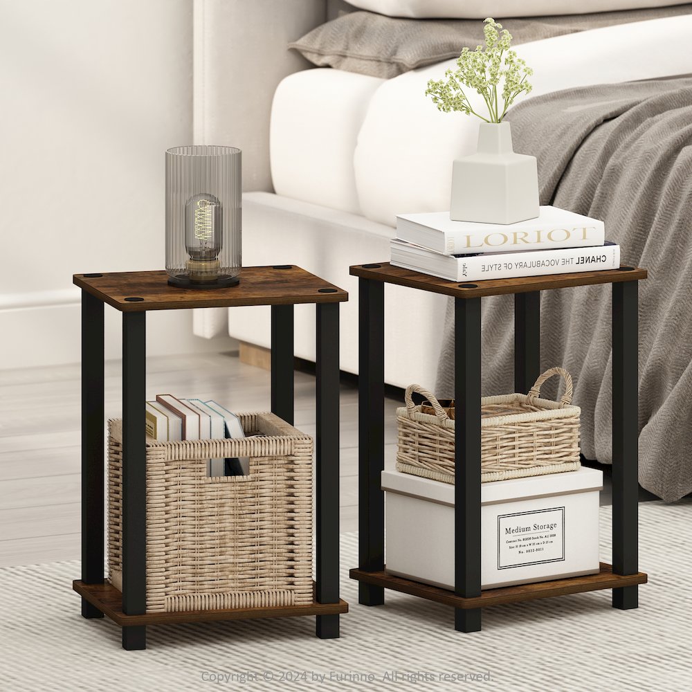 Simplistic Compact Bedside Table, Nightstand, Amber Pine/Black, Set of 2