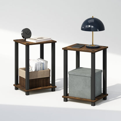 Simplistic Compact Bedside Table, Nightstand, Amber Pine/Black, Set of 2