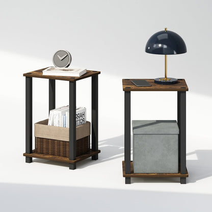 Simplistic Compact Bedside Table, Nightstand, Amber Pine/Black, Set of 2