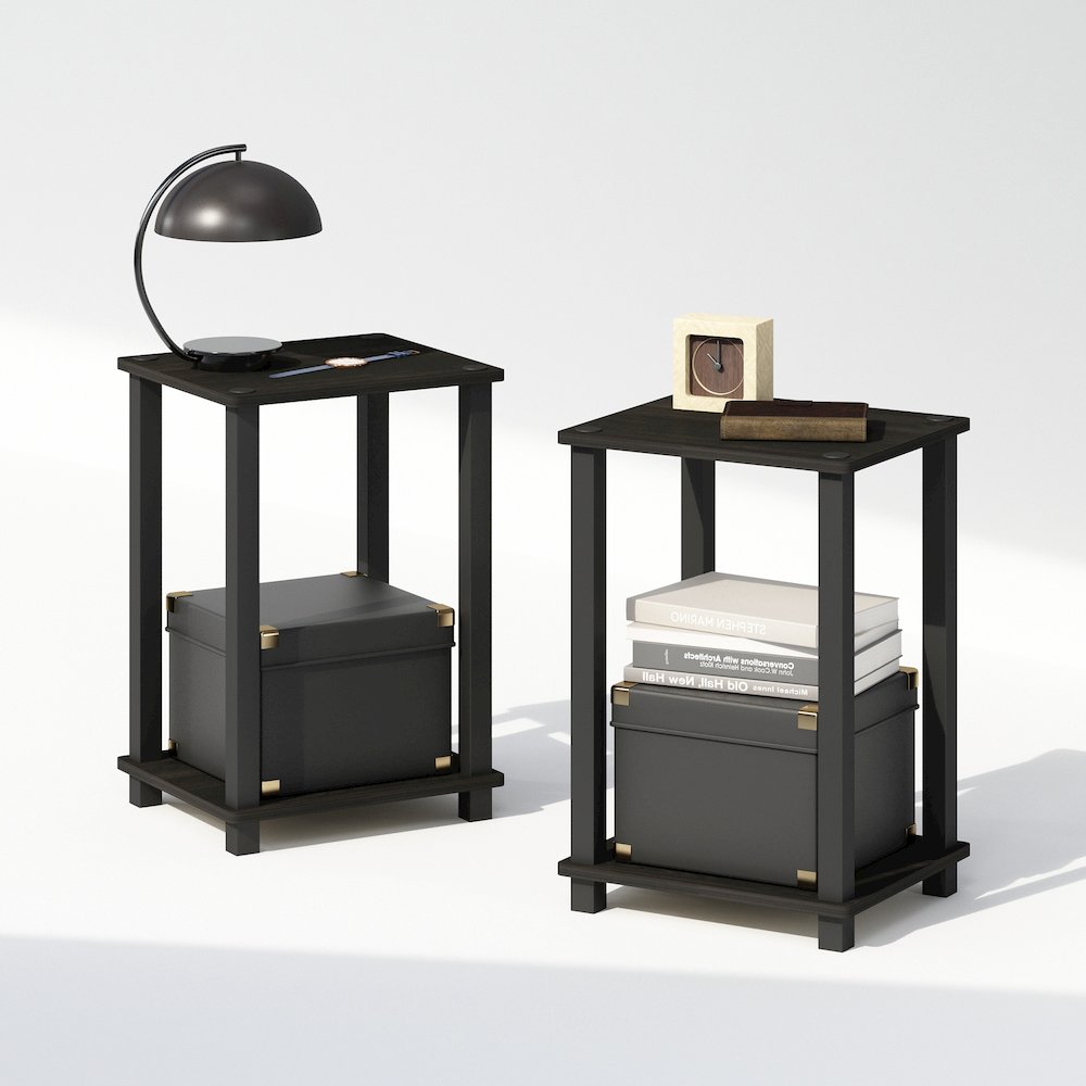 Simplistic Compact Bedside Table, Nightstand, Espresso/Black, Set of 2