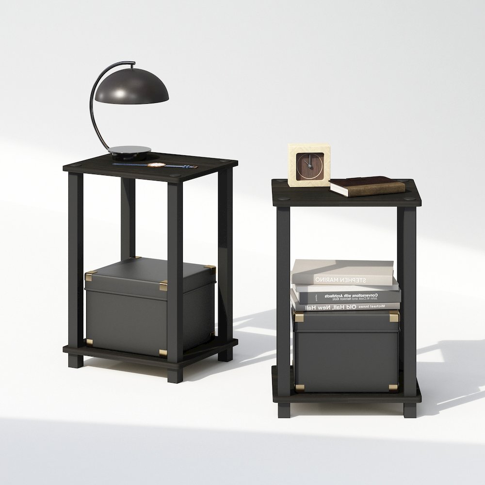 Simplistic Compact Bedside Table, Nightstand, Espresso/Black, Set of 2