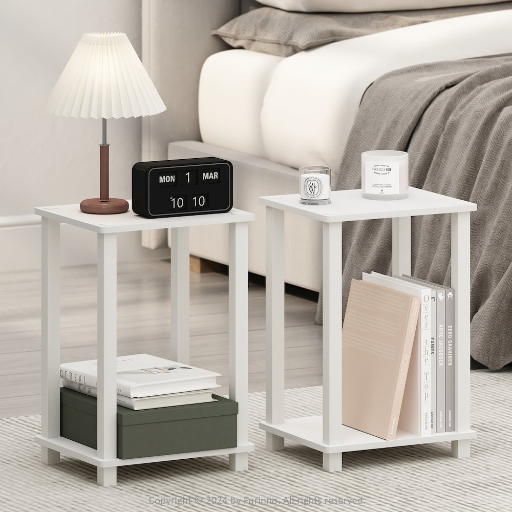 Simplistic Compact Bedside Table, Nightstand, White/White, Set of 2