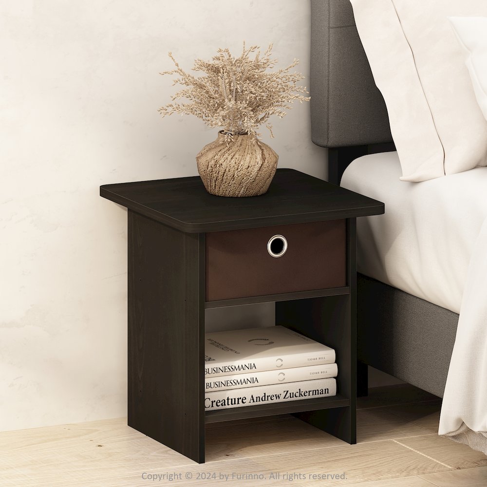 Tidur Nightstand, Bedside Table Storage Shelf with Bin Drawer, Espresso/Brown