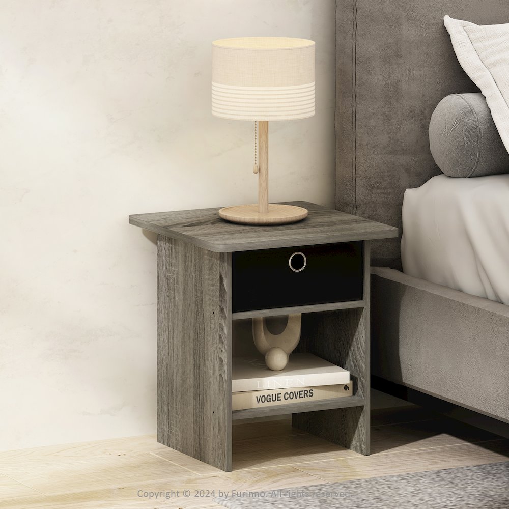Tidur Nightstand, Bedside Table Storage Shelf with Bin Drawer, French Oak/Black
