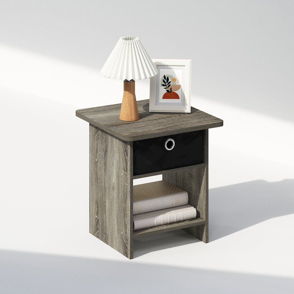 Tidur Nightstand, Bedside Table Storage Shelf with Bin Drawer, French Oak/Black