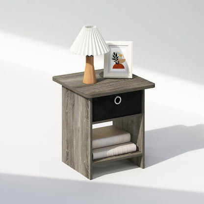 Tidur Nightstand, Bedside Table Storage Shelf with Bin Drawer, French Oak/Black