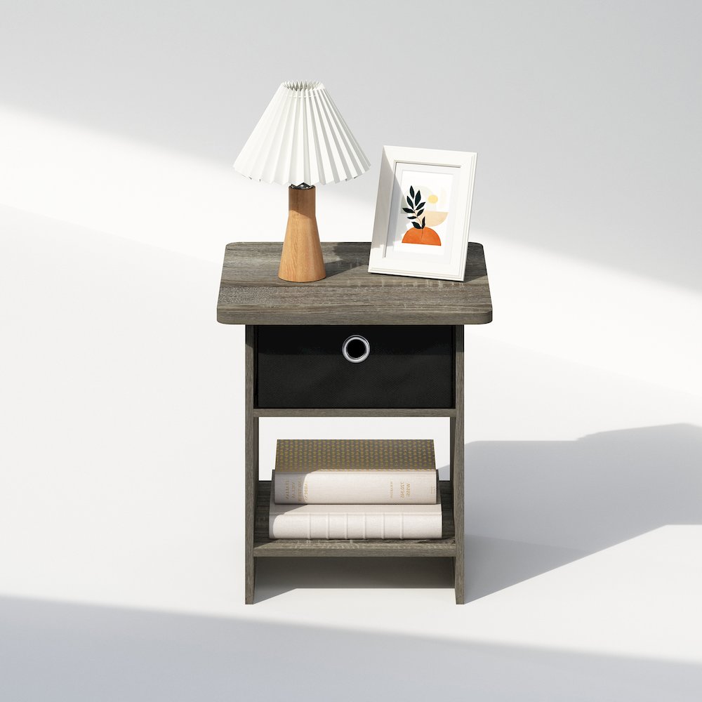 Tidur Nightstand, Bedside Table Storage Shelf with Bin Drawer, French Oak/Black