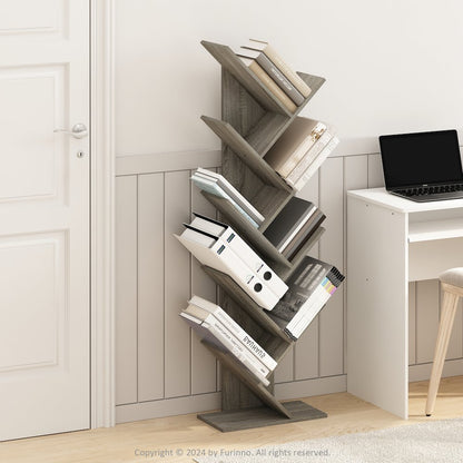 Tree Bookshelf 9-Tier Floor Standing Tree Bookcase, Grey Oak