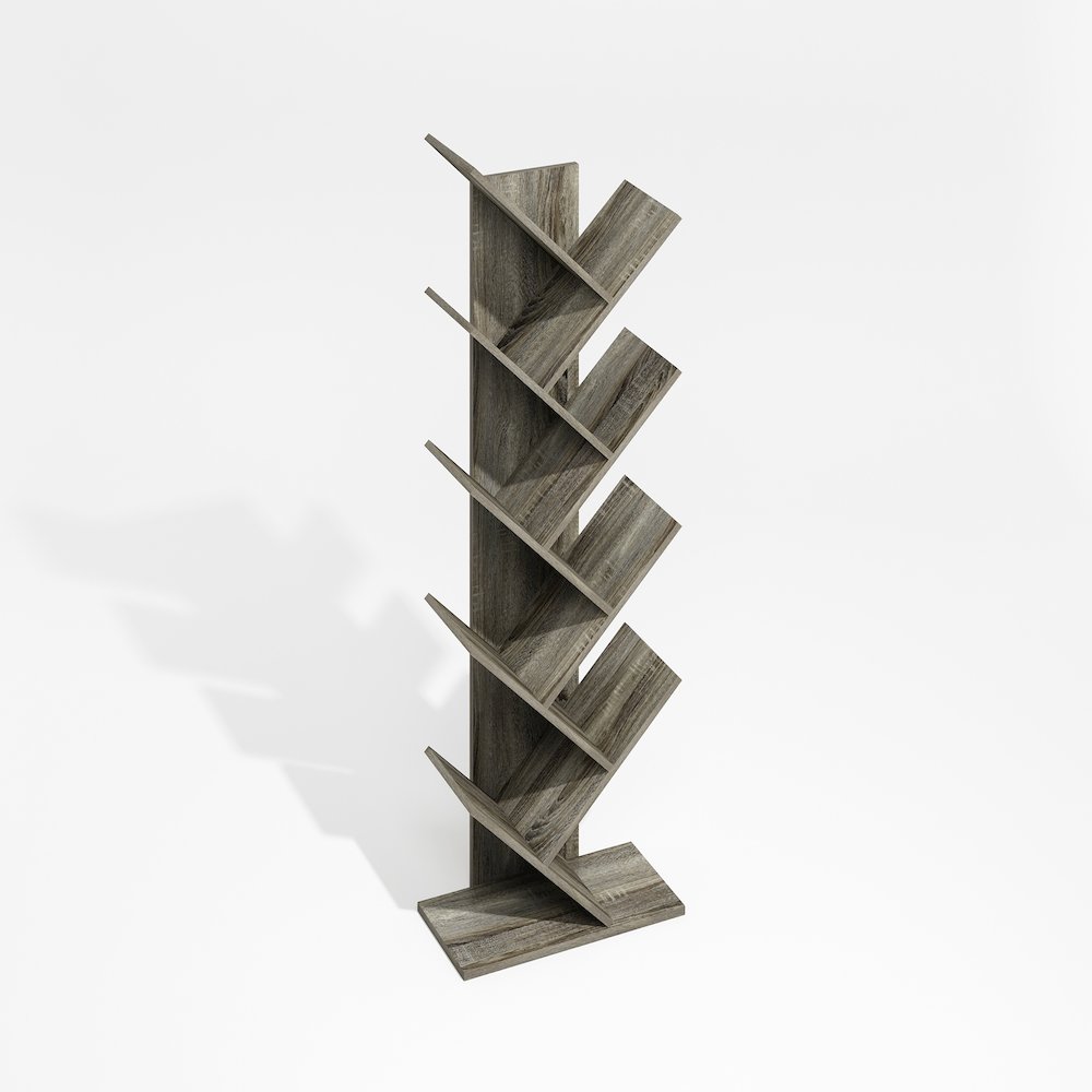 Tree Bookshelf 9-Tier Floor Standing Tree Bookcase, Grey Oak