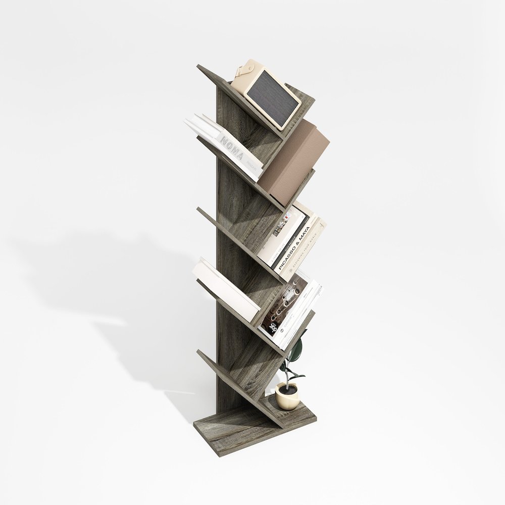 Tree Bookshelf 9-Tier Floor Standing Tree Bookcase, Grey Oak