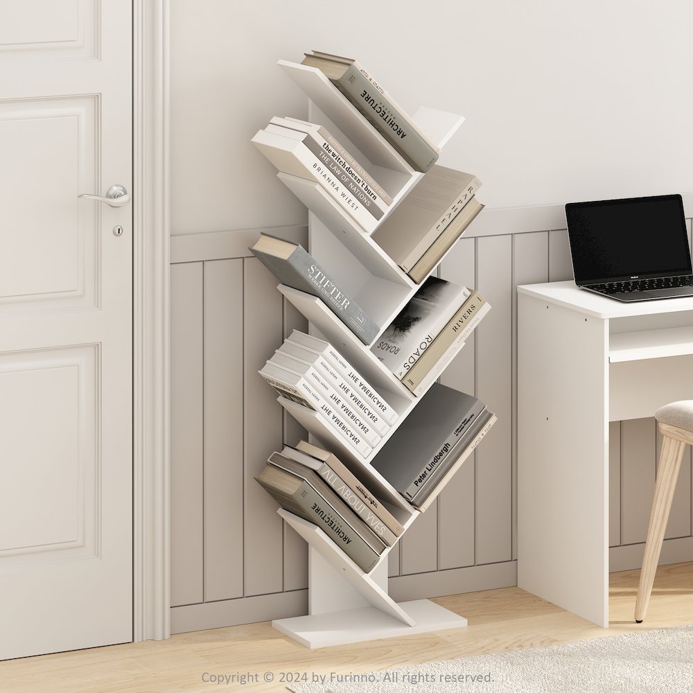 Tree Bookshelf 9-Tier Floor Standing Tree Bookcase, Plain White