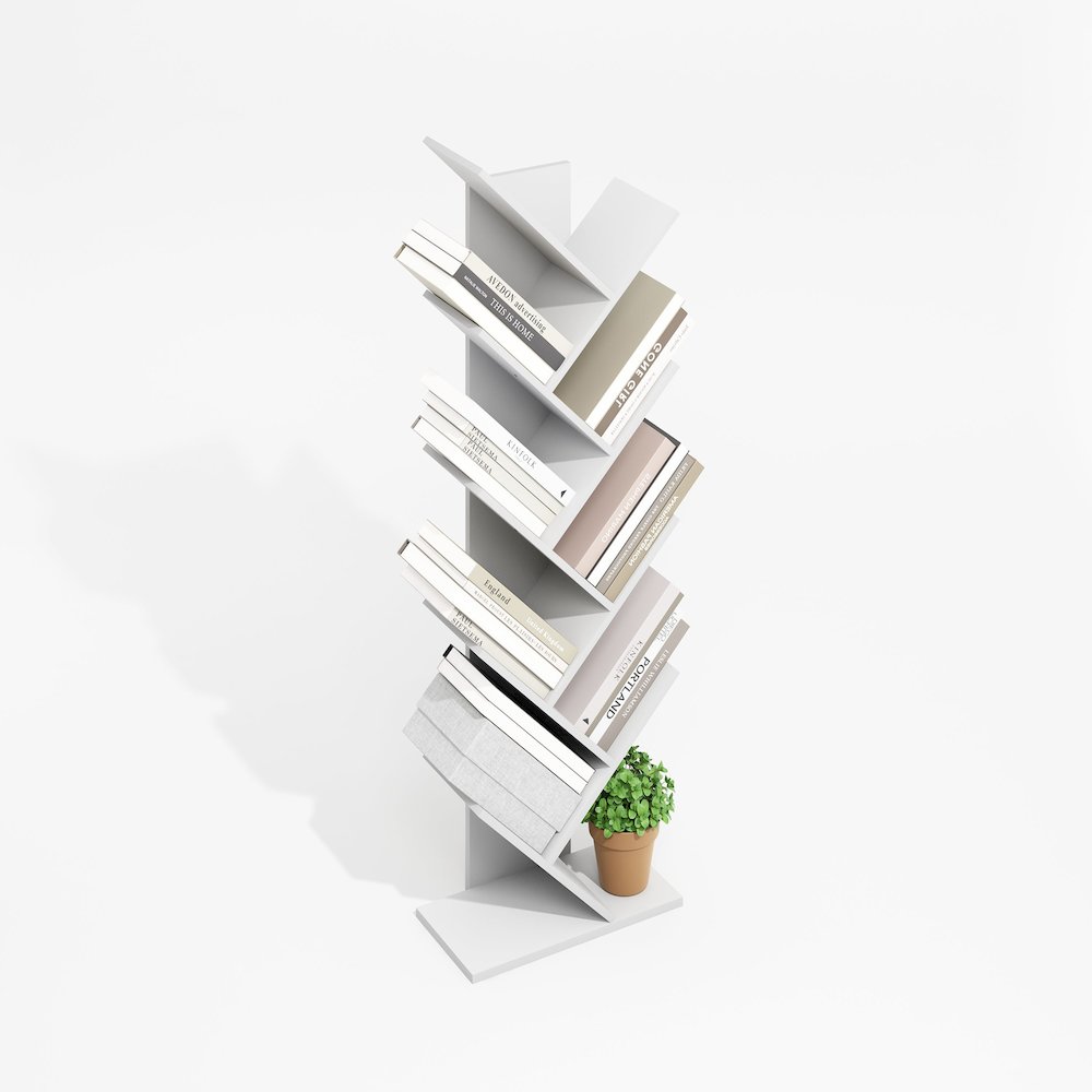 Tree Bookshelf 9-Tier Floor Standing Tree Bookcase, Plain White
