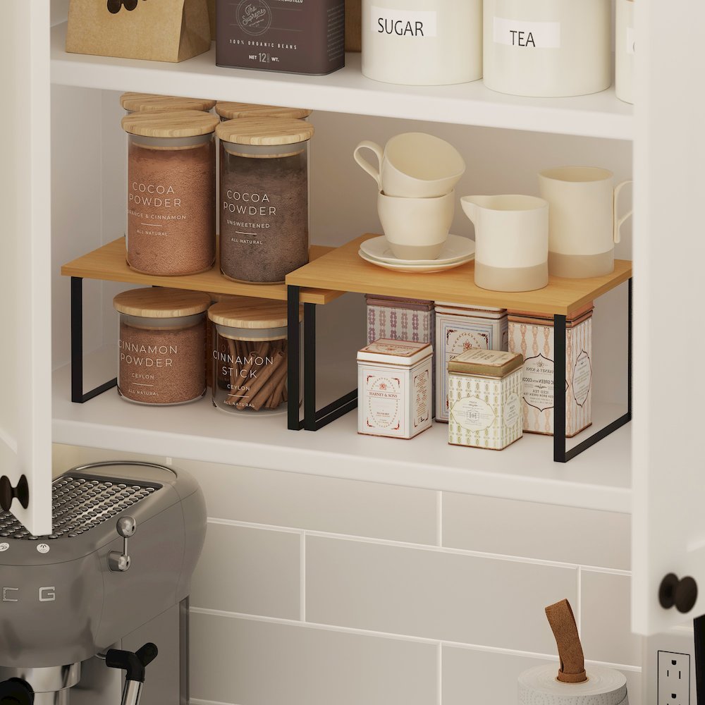 Stackable Kitchen Counter Shelves, Set of 2, Beech/Black