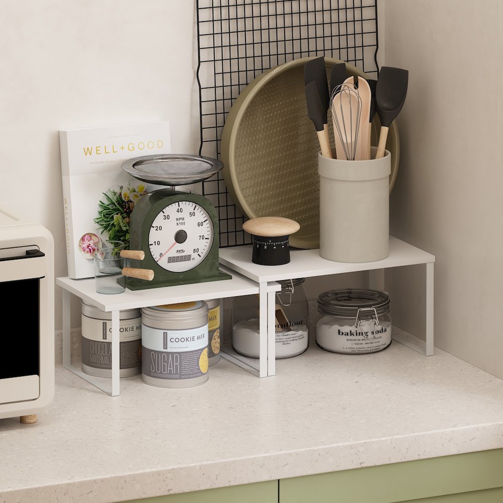 Stackable Kitchen Counter Shelves, Set of 2, White/White