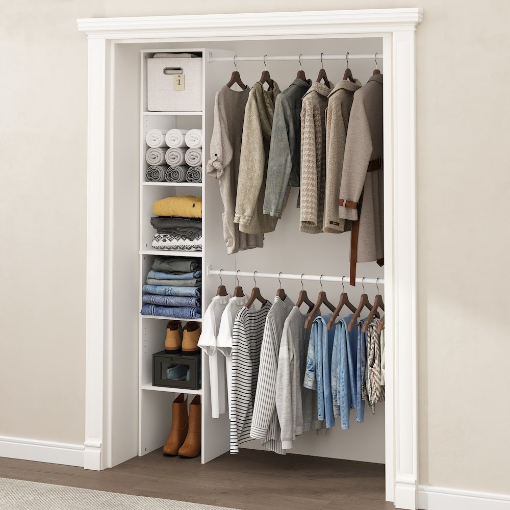 Fano Clothing & Closet Storage Organizer Shelf Tower with 2 Hanging Bars, White